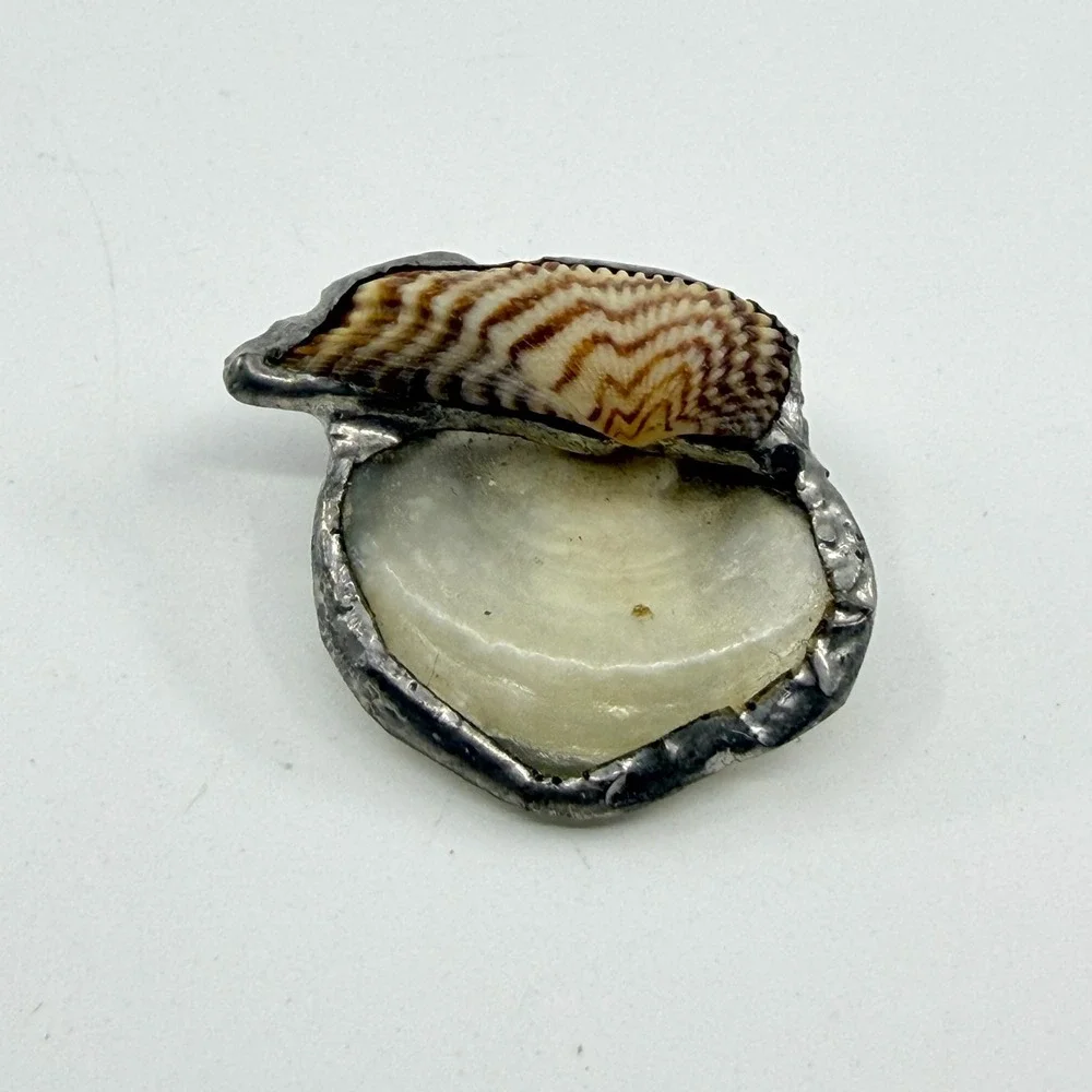 Handmade Seashell Brooch Pin Silver Tone Coastal Beach Boho Statement Jewelry